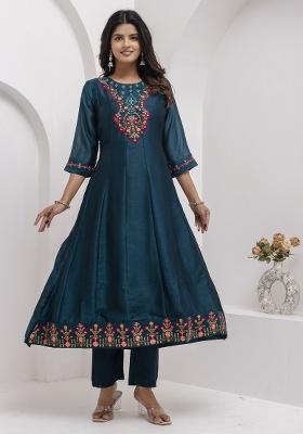 Teal Blue Embroidered Vichitra Salwar Kameez With Dupatta