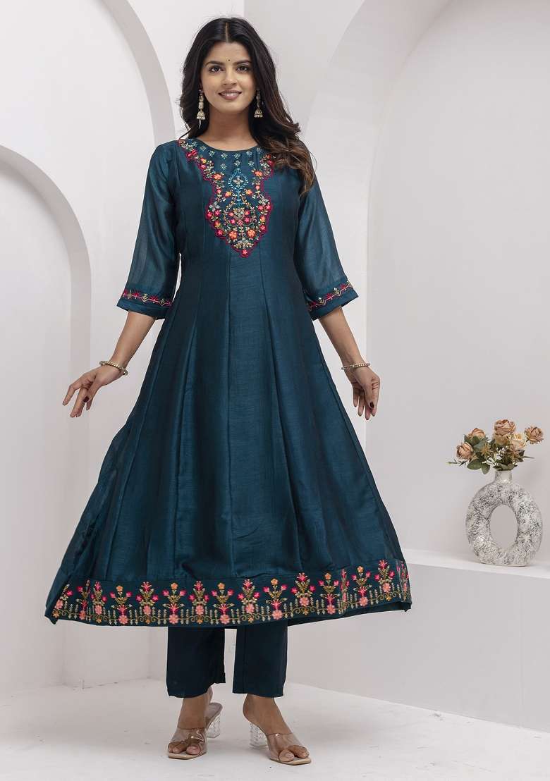Teal Blue Embroidered Vichitra A Line Kurta Set - Indya