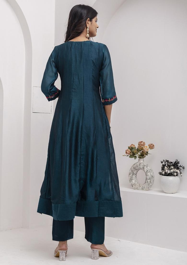 Teal Blue Embroidered Vichitra Salwar Kameez With Dupatta