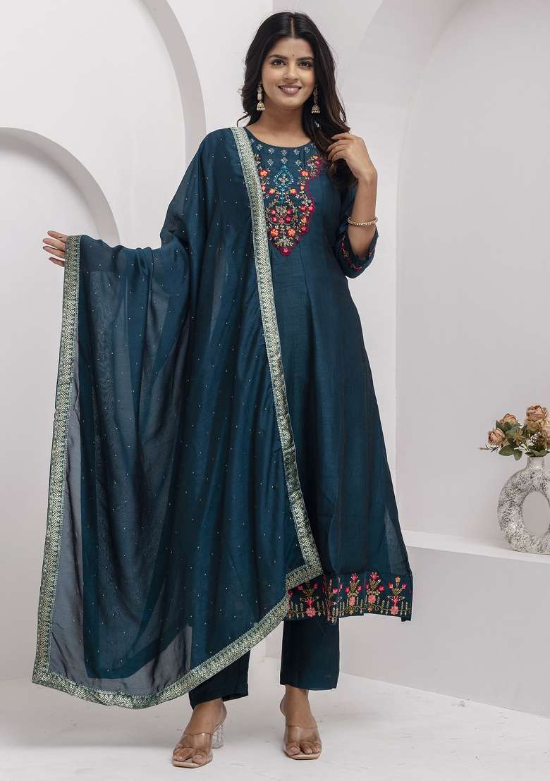Teal Blue Embroidered Vichitra A Line Kurta Set - Indya