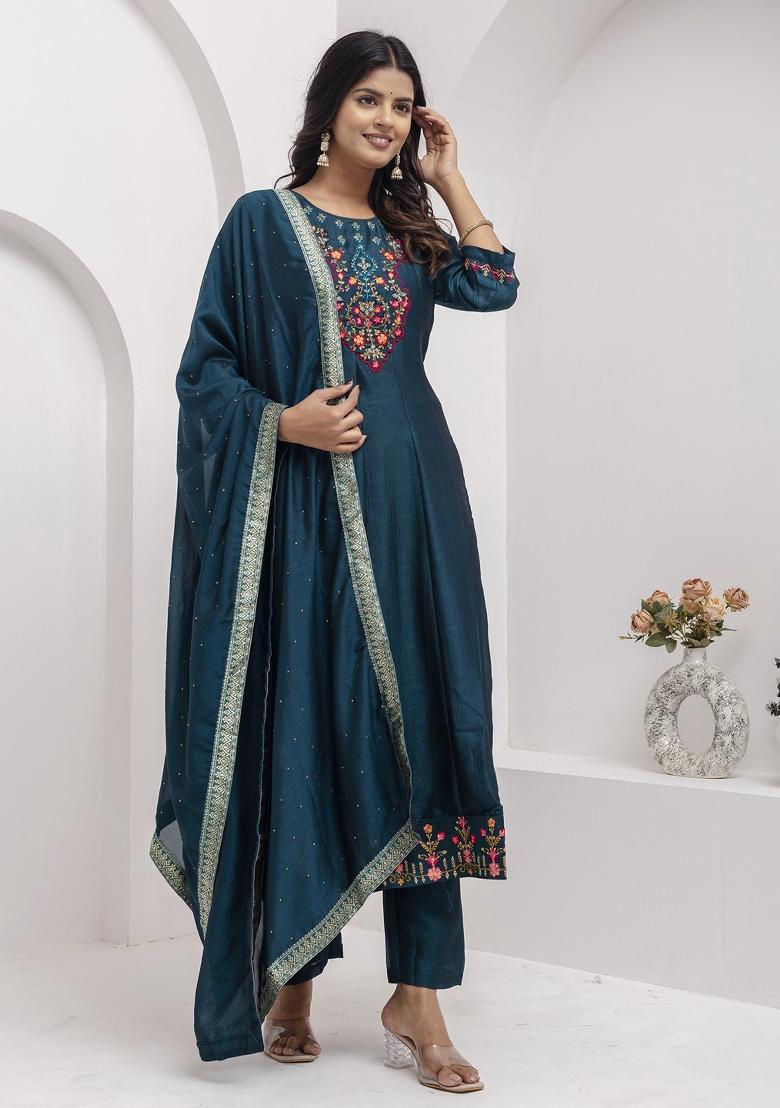 Teal Blue Embroidered Vichitra Salwar Kameez With Dupatta