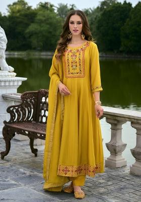 Yellow Embroidered Vichitra Salwar Kameez With Dupatta