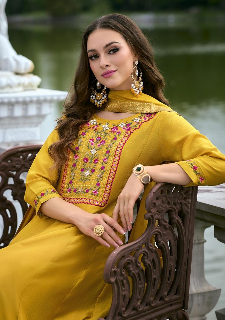 Yellow Embroidered Vichitra Salwar Kameez With Dupatta