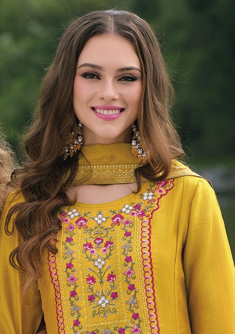 Yellow Embroidered Vichitra Salwar Kameez With Dupatta
