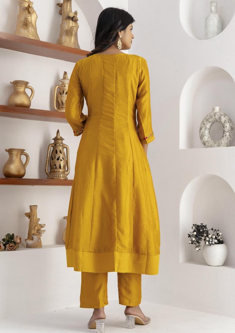 Yellow Embroidered Vichitra Salwar Kameez With Dupatta
