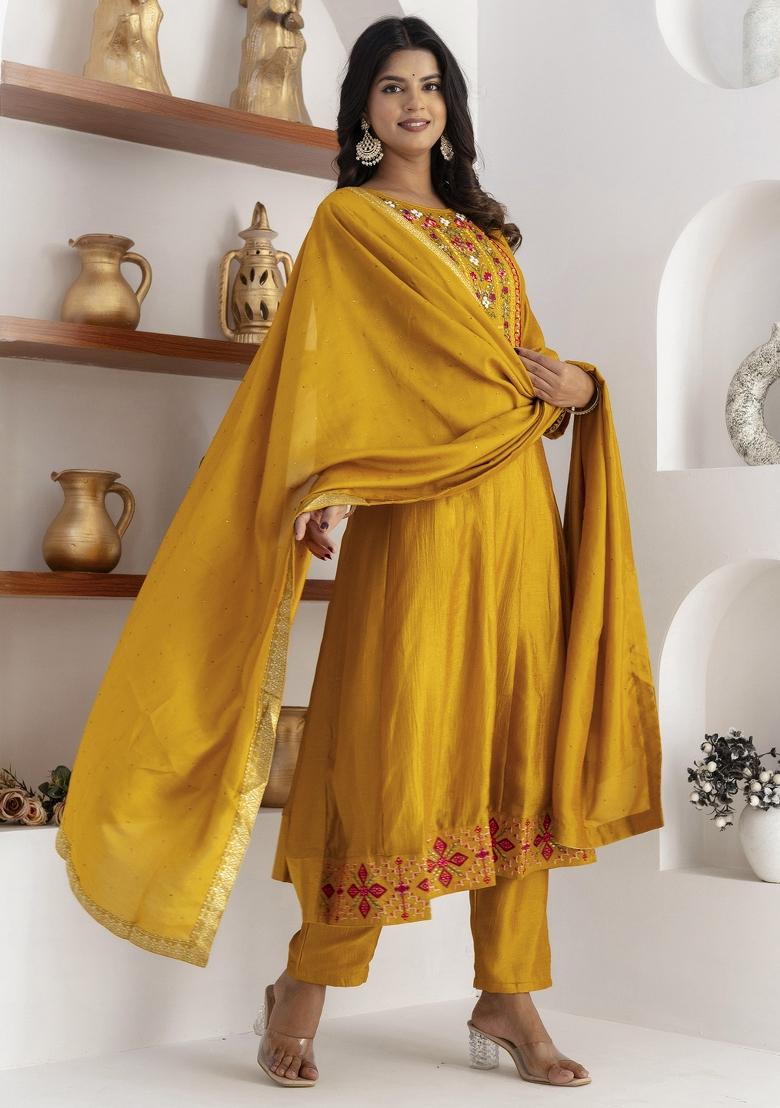 Yellow Embroidered Vichitra Salwar Kameez With Dupatta