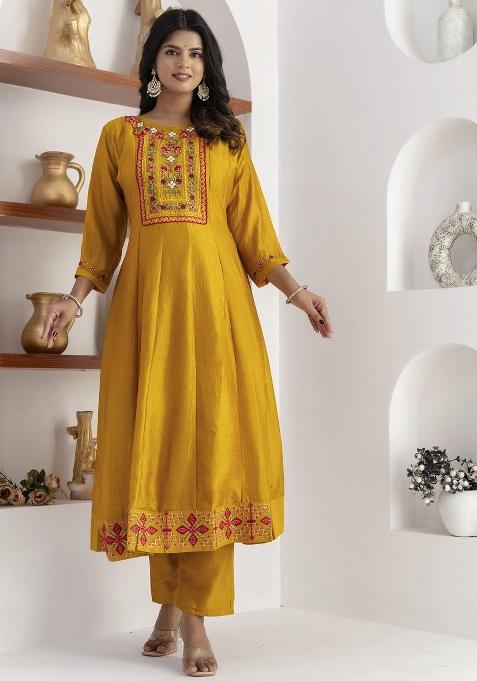 Yellow Embroidered Vichitra Salwar Kameez With Dupatta