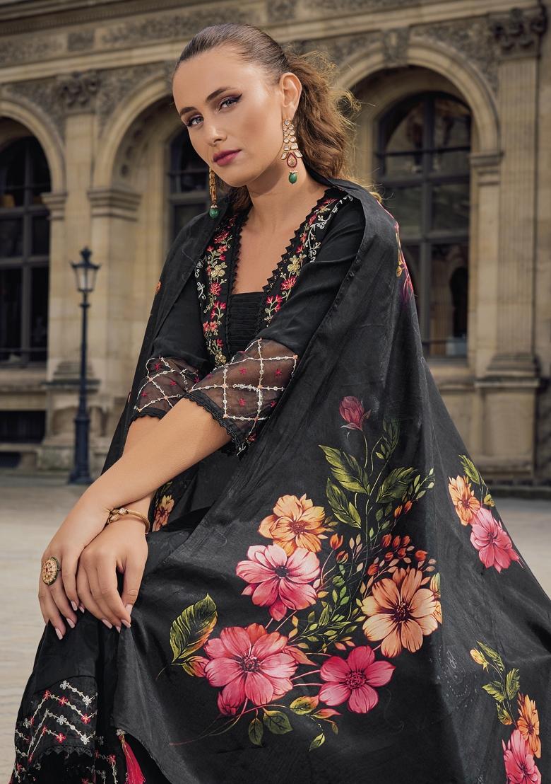Black Embroidered Viscose Salwar Kameez With Dupatta