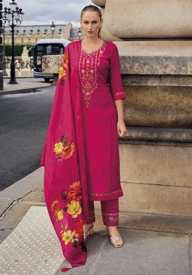 Pink Embroidered Viscose Salwar Kameez With Dupatta
