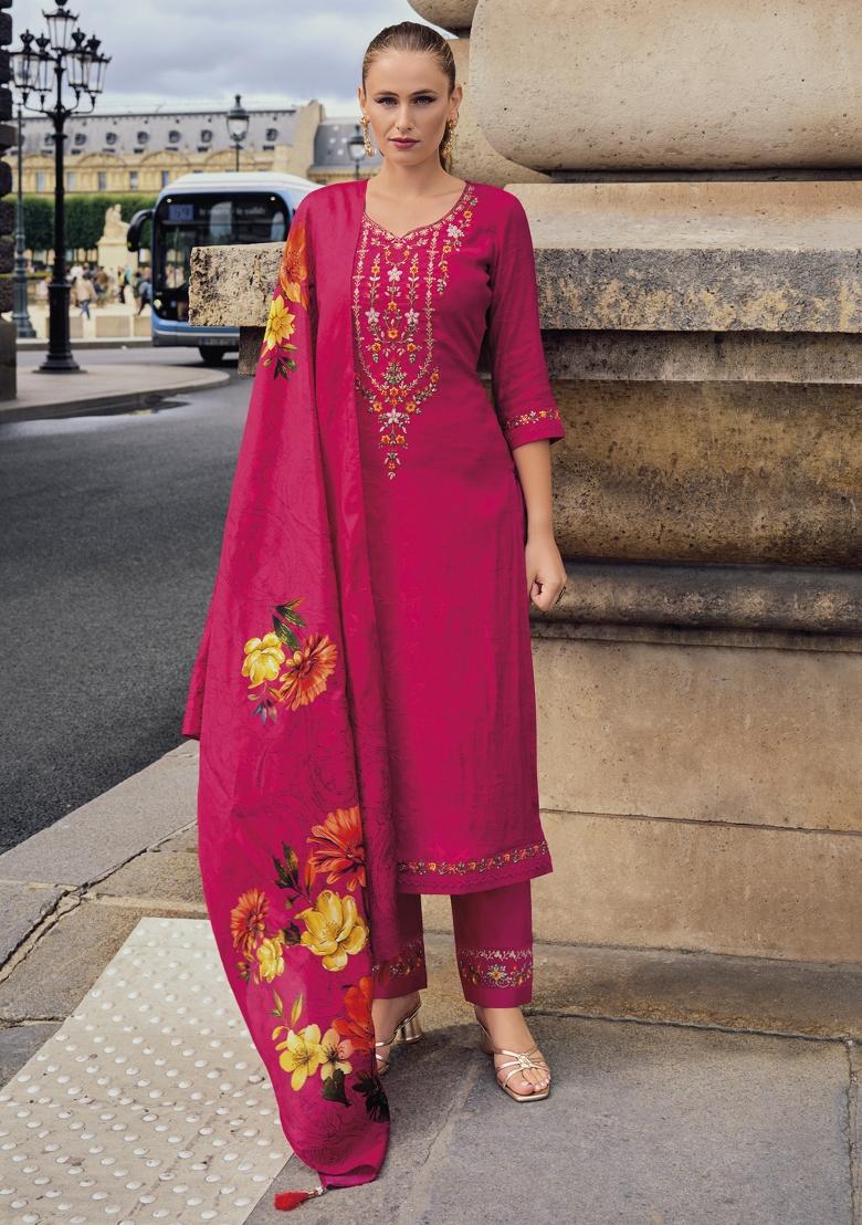 Pink Embroidered Viscose Salwar Kameez With Dupatta