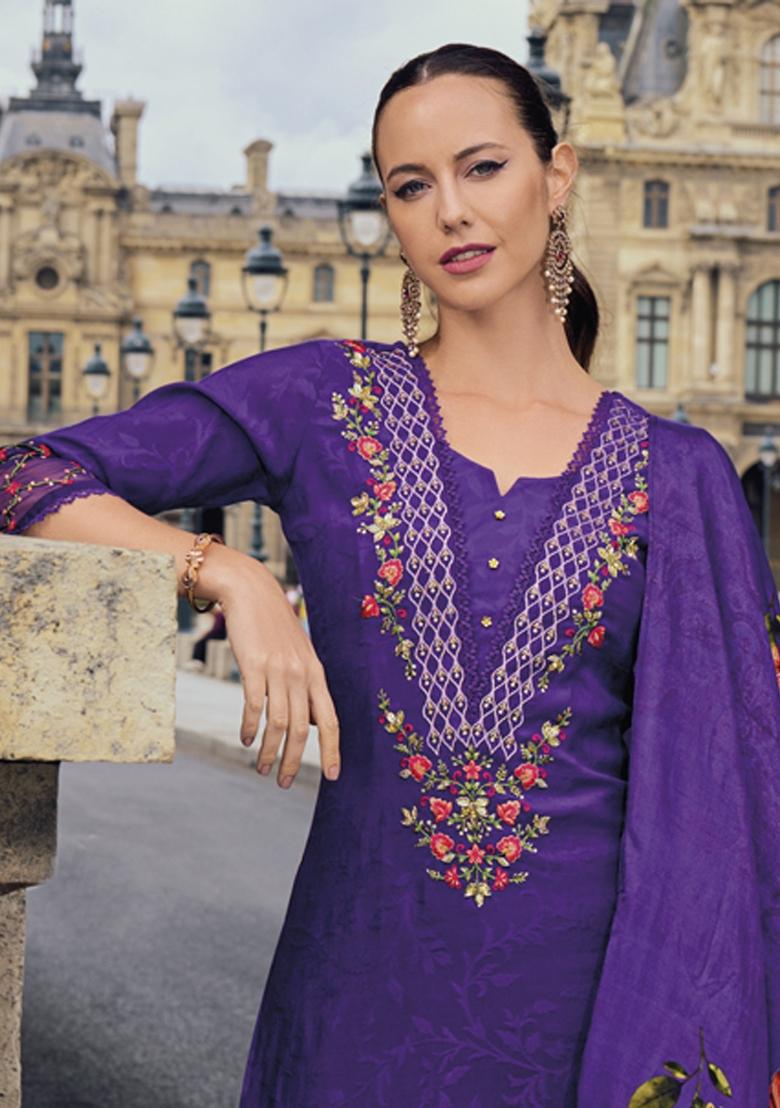 Purple Embroidered Viscose Salwar Kameez With Dupatta