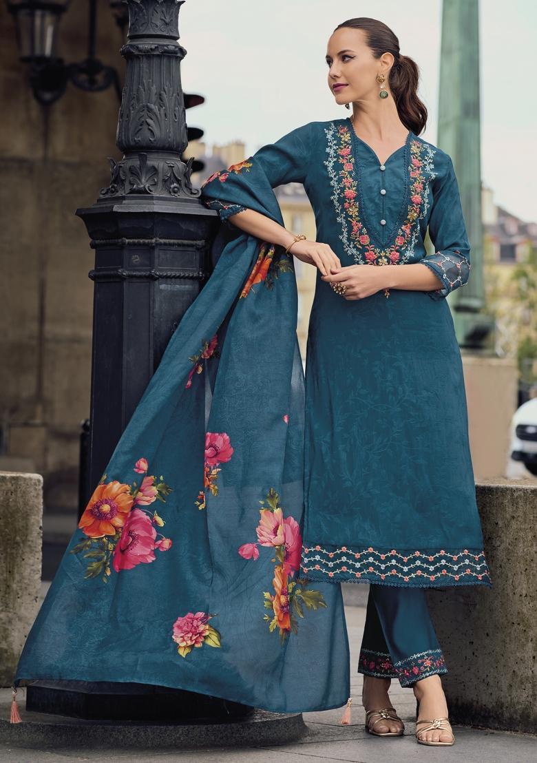 Teal Blue Embroidered Viscose Salwar Kameez With Dupatta