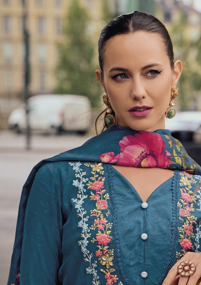 Teal Blue Embroidered Viscose Salwar Kameez With Dupatta