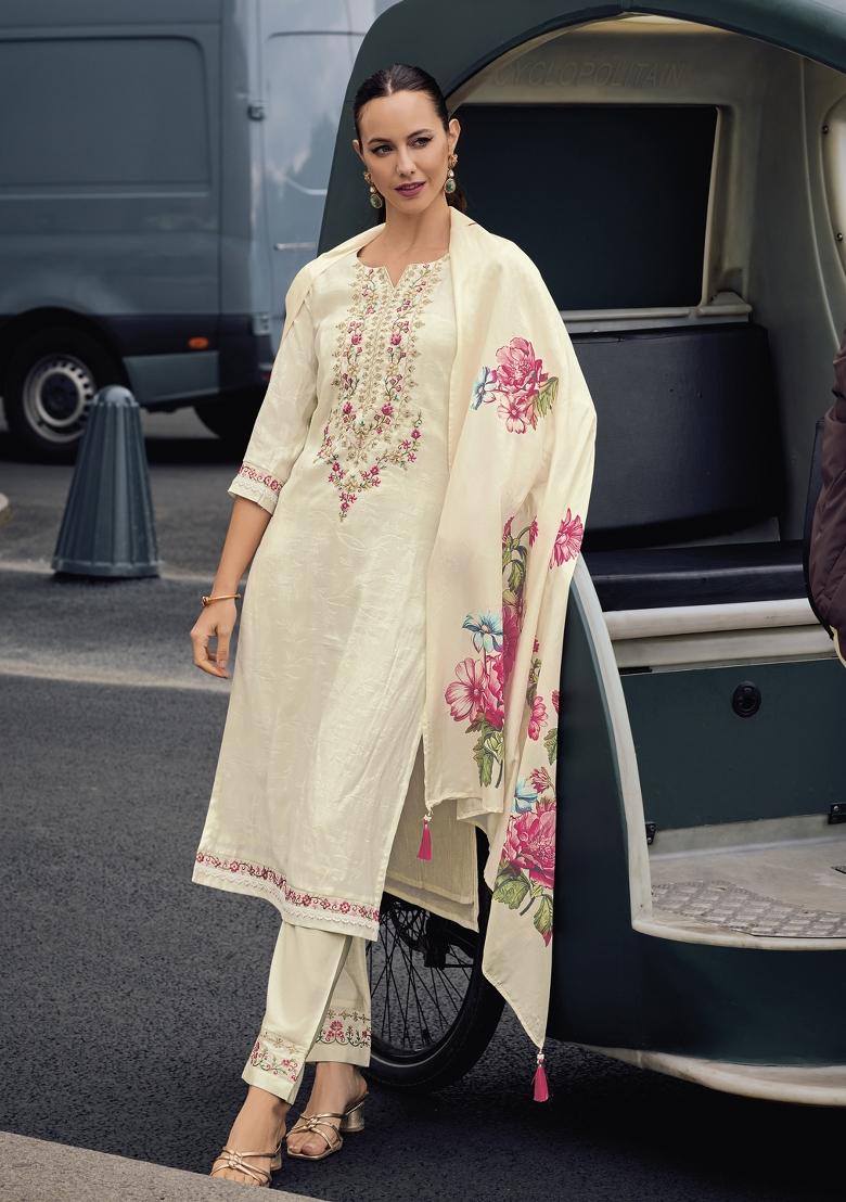 White Embroidered Viscose Salwar Kameez With Dupatta