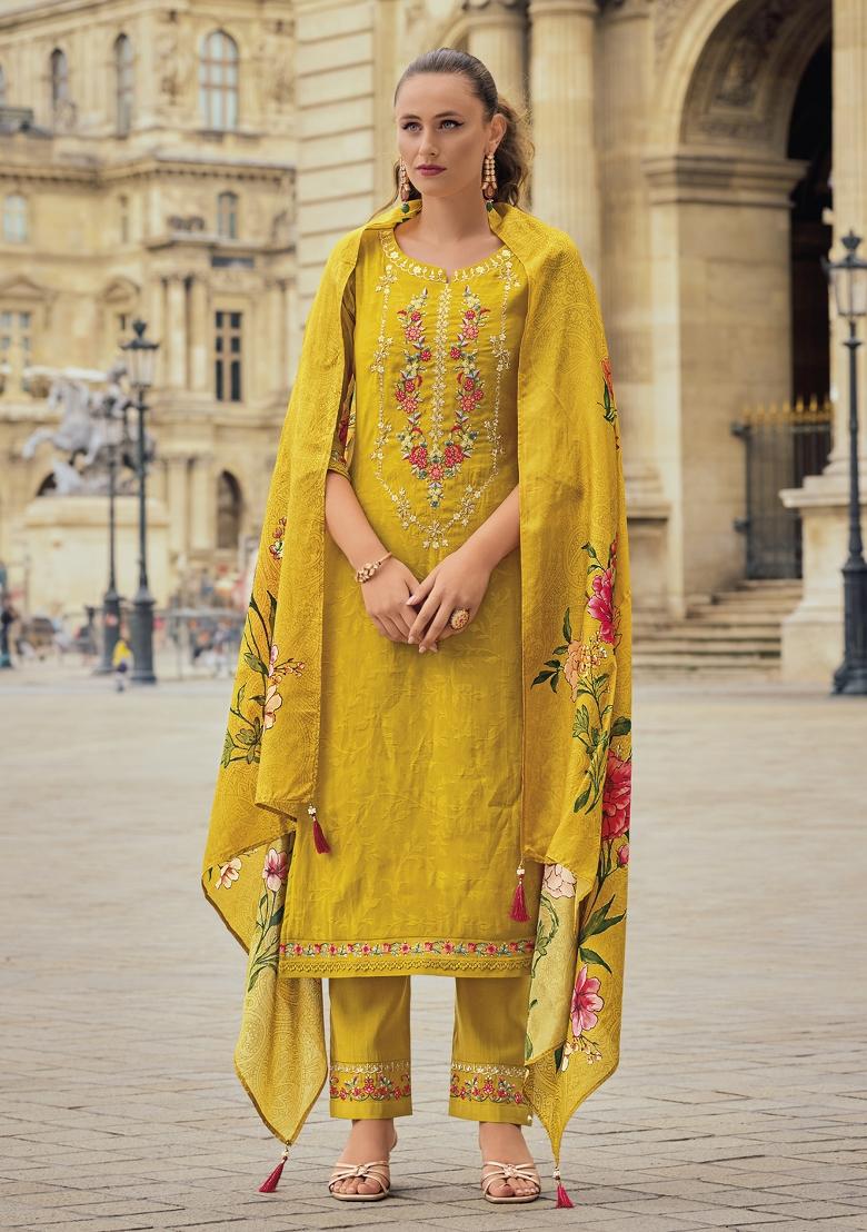 Yellow Embroidered Viscose Salwar Kameez With Dupatta