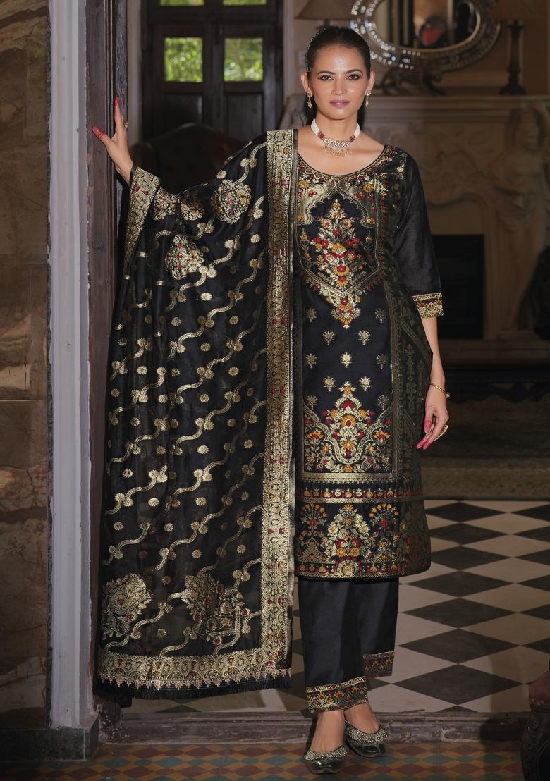 Black Embroidered Jacquard Salwar Kameez With Dupatta
