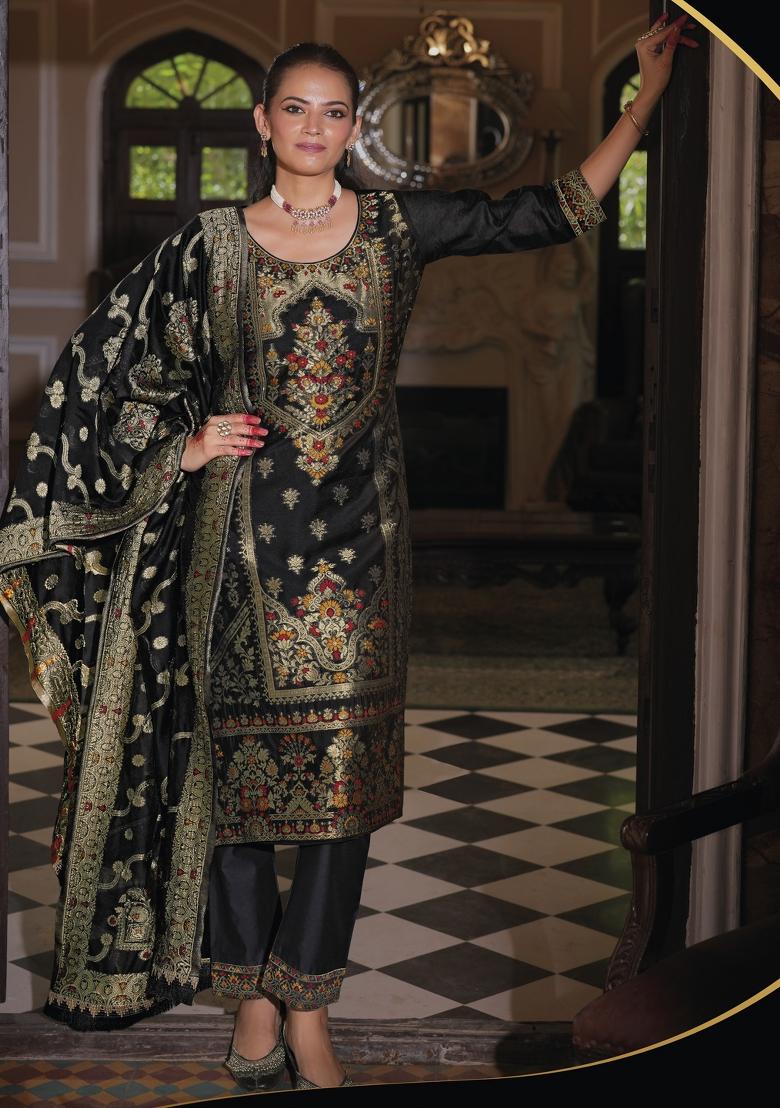 Black Embroidered Jacquard Salwar Kameez With Dupatta