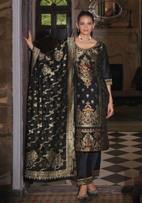 Black Embroidered Jacquard Salwar Kameez With Dupatta