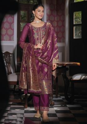 Purple Embroidered Jacquard Salwar Kameez With Dupatta