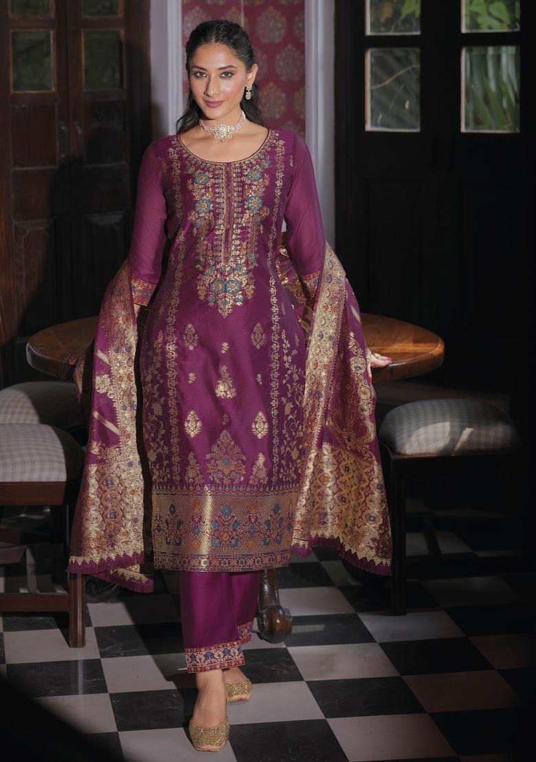 Purple Embroidered Jacquard Salwar Kameez With Dupatta