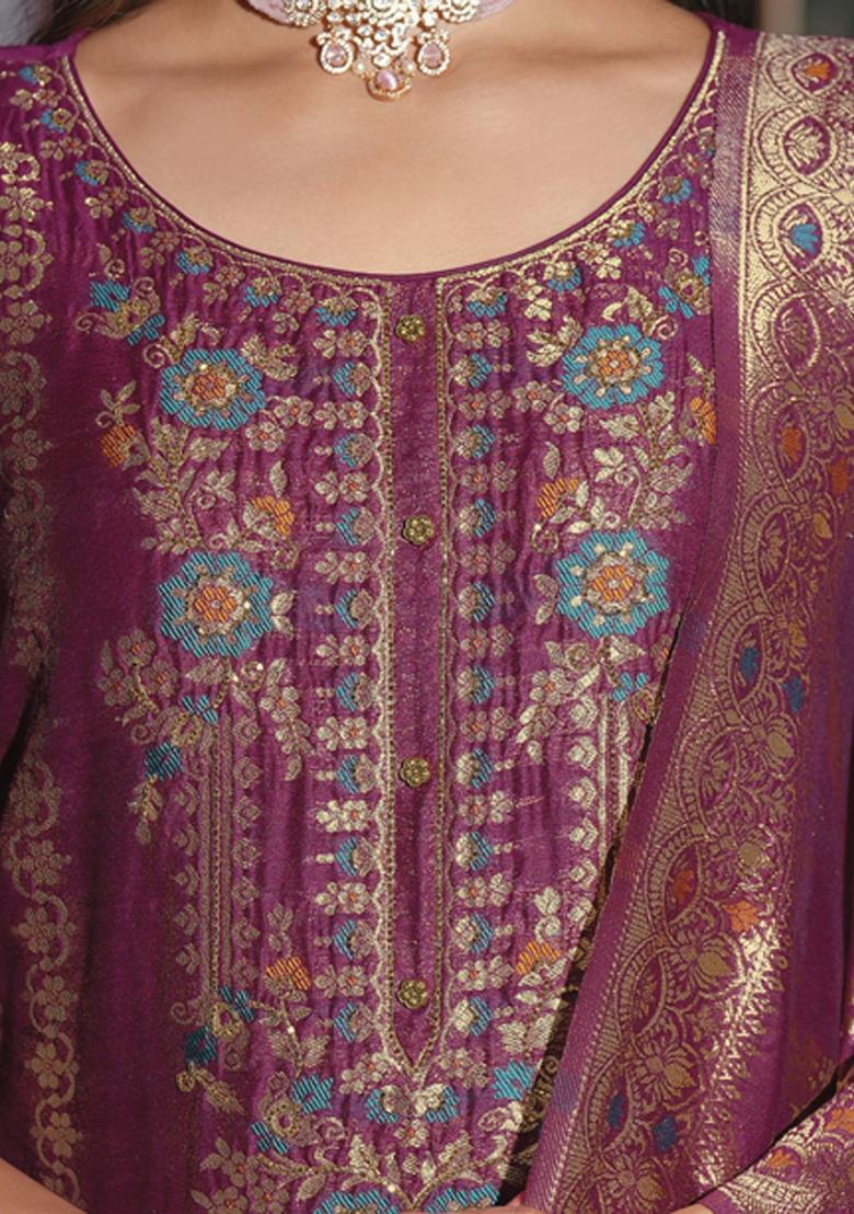 Purple Embroidered Jacquard Salwar Kameez With Dupatta