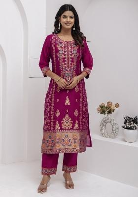 Purple Embroidered Jacquard Salwar Kameez With Dupatta
