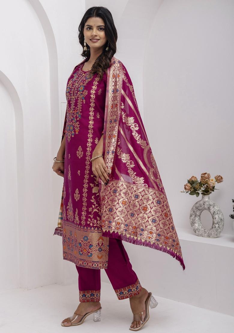 Purple Embroidered Jacquard Salwar Kameez With Dupatta