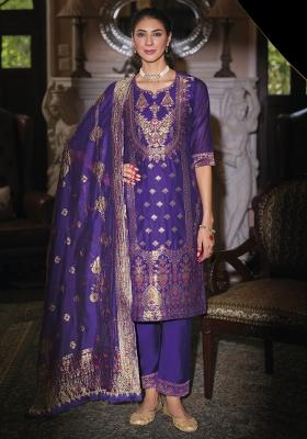 Blue Embroidered Jacquard Salwar Kameez With Dupatta