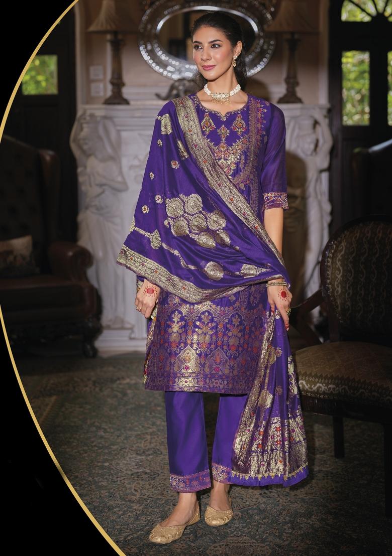 Blue Embroidered Jacquard Salwar Kameez With Dupatta