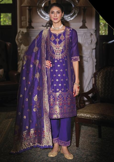 Blue Embroidered Jacquard Salwar Kameez With Dupatta