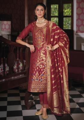 Red Embroidered Jacquard Salwar Kameez With Dupatta