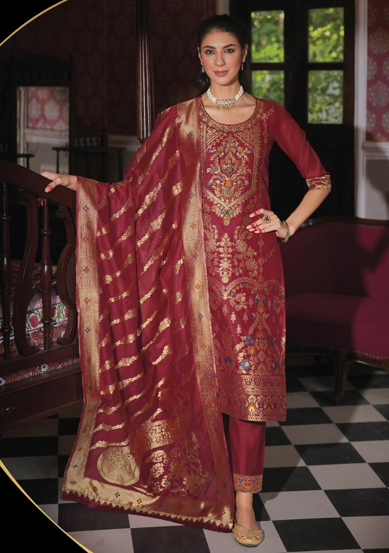 Red Embroidered Jacquard Salwar Kameez With Dupatta