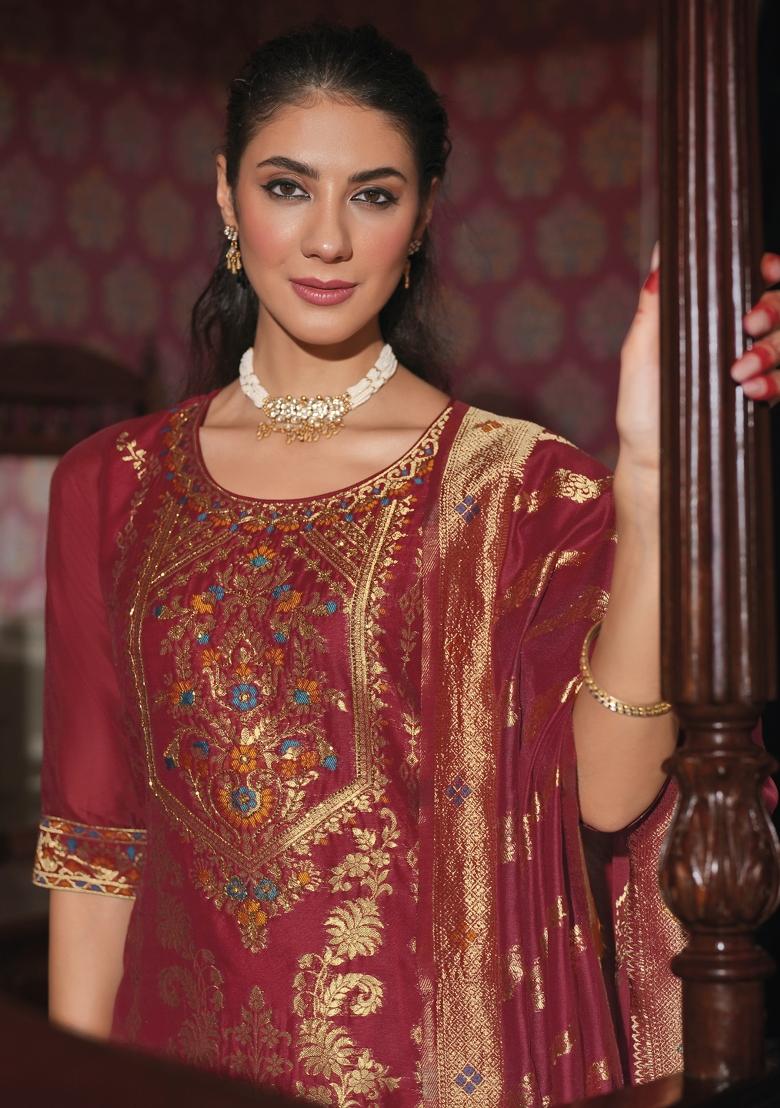 Red Embroidered Jacquard Salwar Kameez With Dupatta