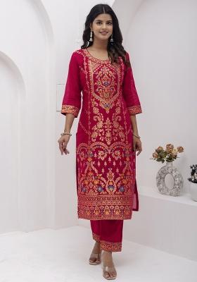 Red Embroidered Jacquard Salwar Kameez With Dupatta
