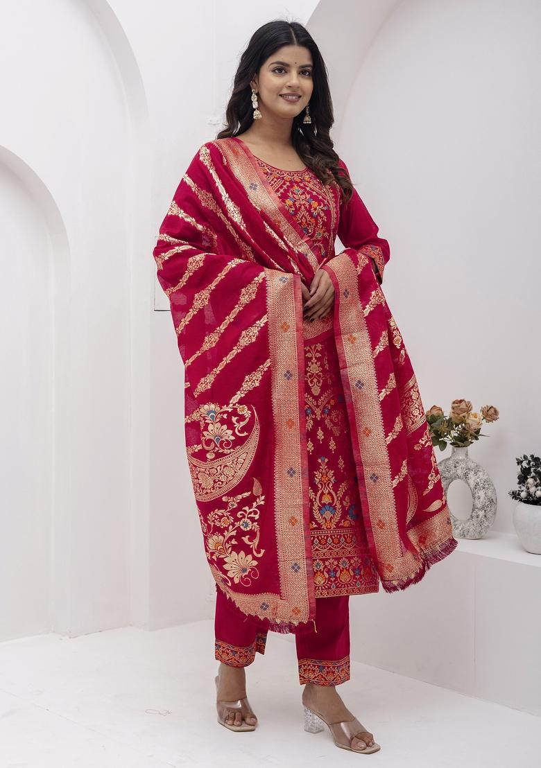 Red Embroidered Jacquard Salwar Kameez With Dupatta