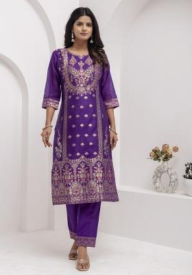 Blue Embroidered Jacquard Salwar Kameez With Dupatta