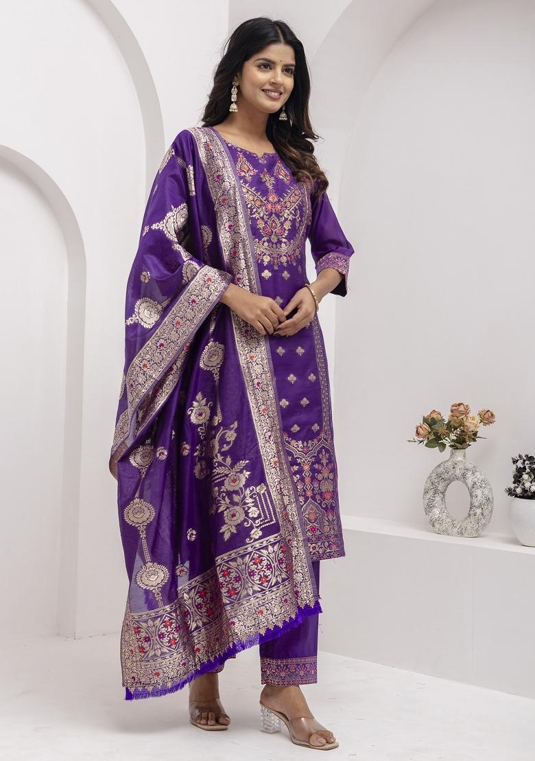 Blue Embroidered Jacquard Salwar Kameez With Dupatta