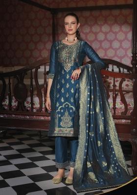 Teal Blue Embroidered Jacquard Salwar Kameez With Dupatta