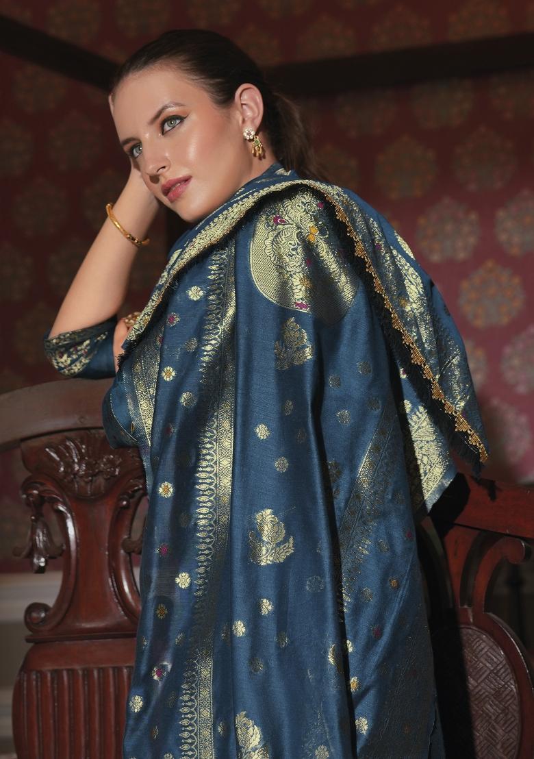 Teal Blue Embroidered Jacquard Salwar Kameez With Dupatta