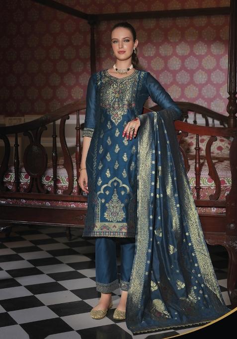 Teal Blue Embroidered Jacquard Salwar Kameez With Dupatta