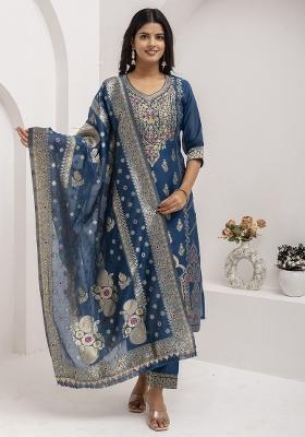 Blue Embroidered Jacquard Salwar Kameez With Dupatta