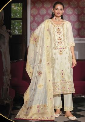 White Embroidered Jacquard Salwar Kameez With Dupatta
