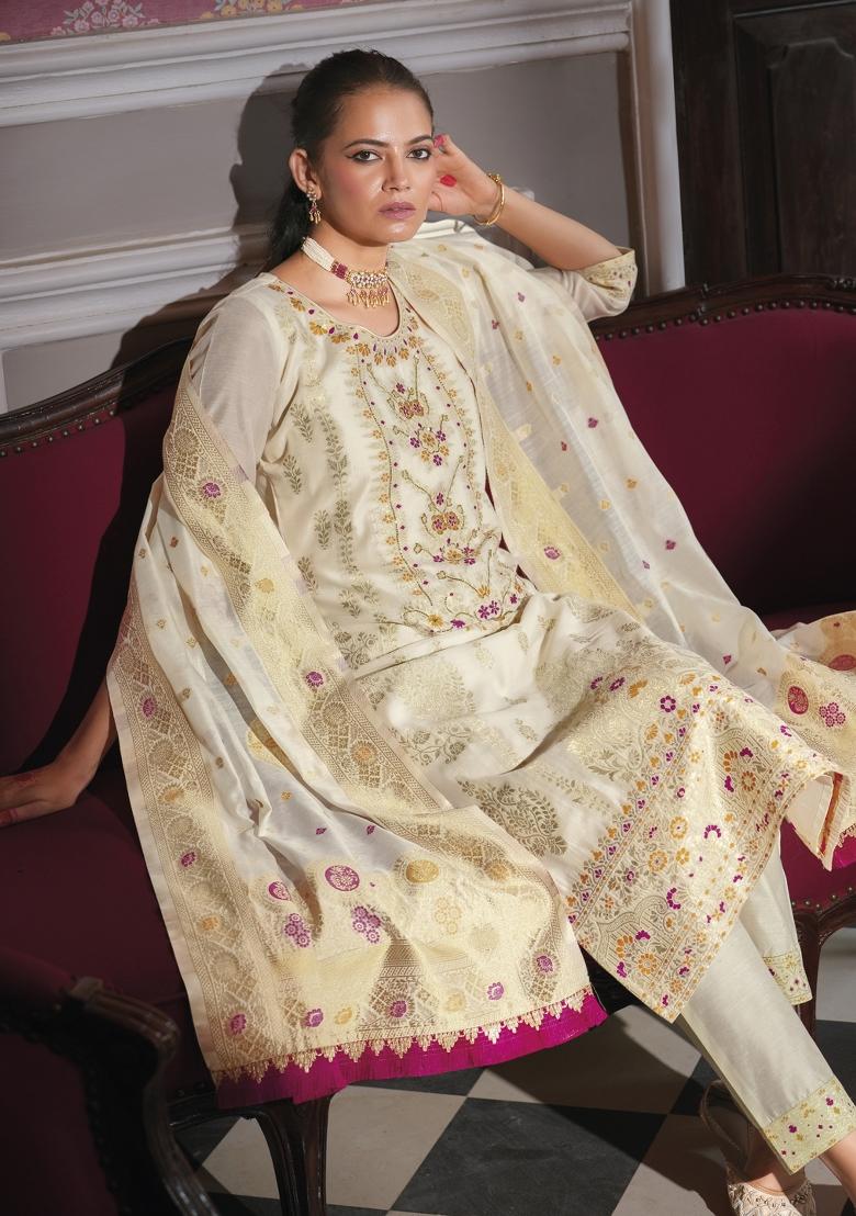 White Embroidered Jacquard Salwar Kameez With Dupatta