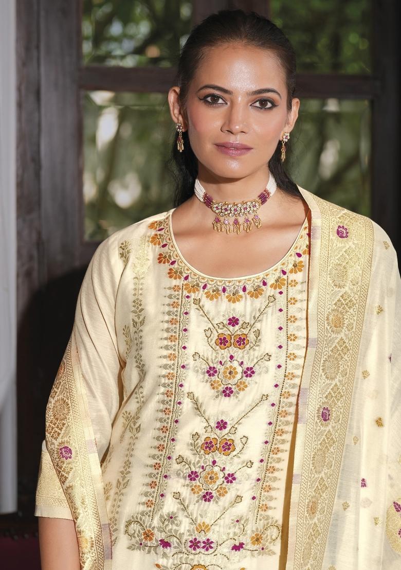 White Embroidered Jacquard Salwar Kameez With Dupatta