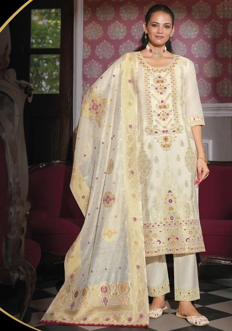 White Embroidered Jacquard Salwar Kameez With Dupatta