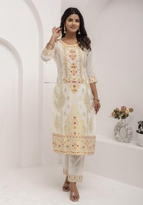 White Embroidered Jacquard Salwar Kameez With Dupatta