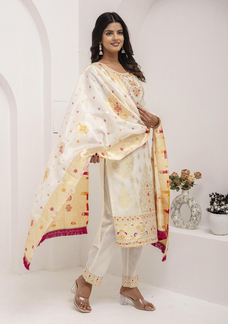White Embroidered Jacquard Salwar Kameez With Dupatta