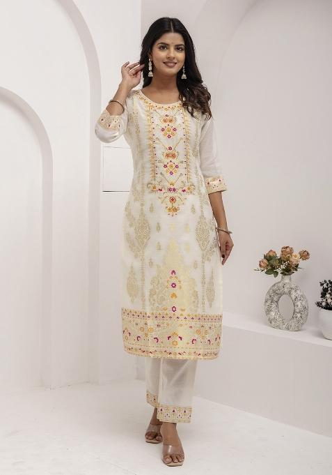 White Embroidered Jacquard Salwar Kameez With Dupatta