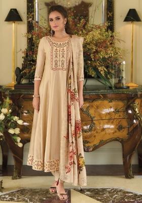 Cream Embroidered Vichitra Salwar Kameez With Dupatta