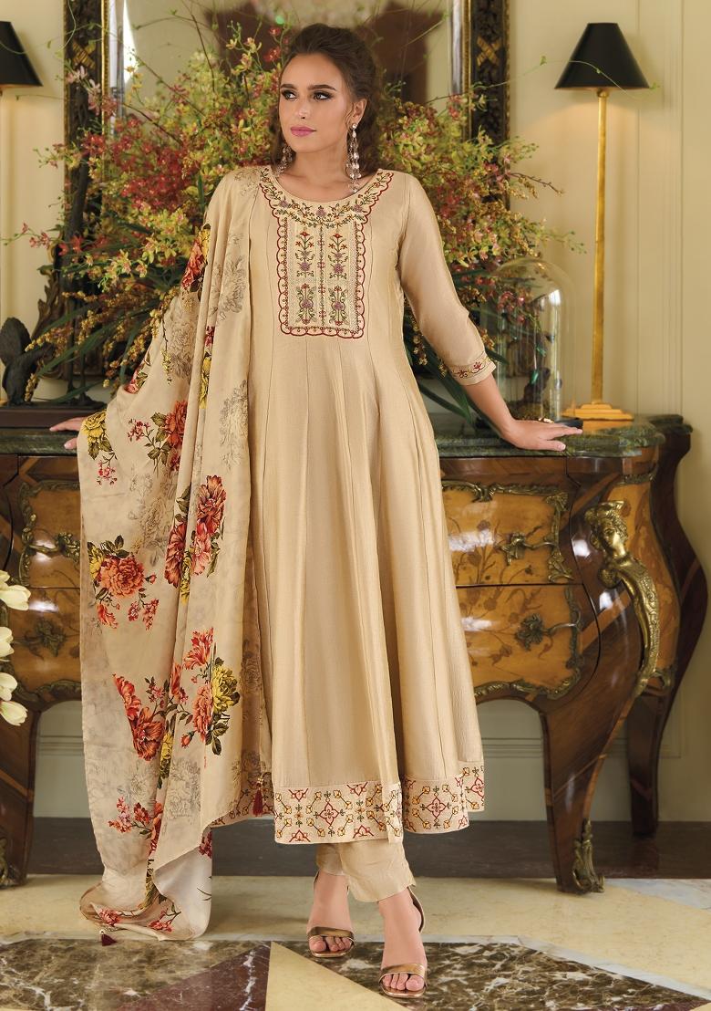 Cream Embroidered Vichitra Salwar Kameez With Dupatta